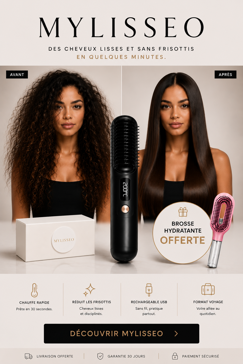 MYLISSEO™ | Brosse Lissante Sans Fil Anti-Frisottis
