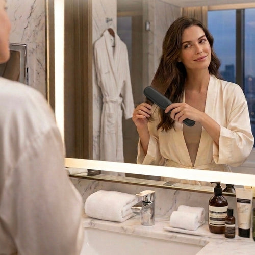 Femme utilisant la brosse lissante sans fil Mylisseo pour lisser ses cheveux